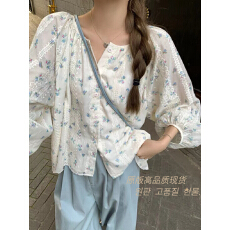 批发乌77小清新碎花长袖衬衫小个子宽松显瘦圆领甜美少女感百搭<b class='q'>雪纺衫</b>