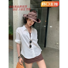 批发韩一禾 老钱风清爽通勤穿搭中袖卷边亚麻白色女士防晒<b class='q'>衬衫</b>春秋新