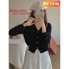 批发七个羊 早春秋短款针织打底衫女开衫<b class='q'>毛衣</b>外套V领黑色长袖上衣外搭