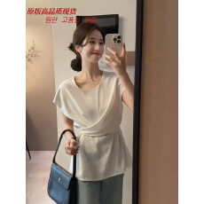批发法式气质交叉绑带短袖衬衫女2026新款夏季漂亮小衫别致超好看上衣