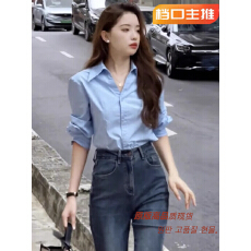 法式蓝色长袖衬衫上衣春秋季2026新款女装小个子洋气减龄气质衬衣