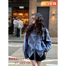 批发夏诗文 天丝莱赛尔棉<b class='q'>设计</b>感翻领蝴蝶结系带衬衫女法式复古上衣春