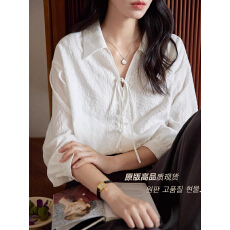 白色翻领花边系带落肩长袖衬衫女春秋法式复古温柔风气质v领上衣