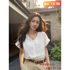 pusumede 轻薄纸感 100亚麻折边袖衬衫女极简v领小衫宽松短袖上衣