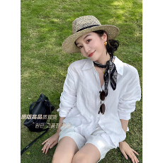 批发秋季简约百搭亚麻白色衬衫女长袖上衣韩版宽松休闲松弛感纯色衬衣