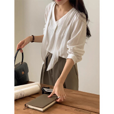 批发韩国chic早春法式温柔简约小众肌理纹飘带V领长袖<b class='q'>百搭</b>衬衫上衣女