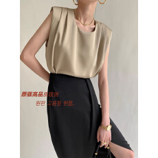 批发PAPERLLL辛间<b class='q'>时尚</b>圆领无袖上衣<b class='q'>T</b><b class='q'>恤</b>背心女夏垫肩体恤通勤薄款小衫