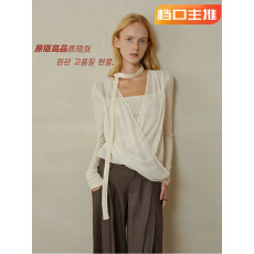 批发someone sometimes原创垂褶交叠网纱假两件丝绒挂脖羊毛针织上衣