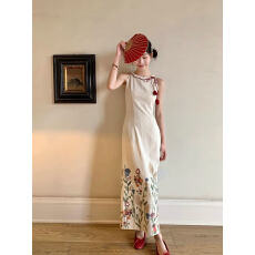 批发Thecoco 印花棉麻原创无袖<b class='q'>连衣裙</b>女夏气质显瘦长裙 可拆卸红花朵