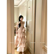 批发Tomoyois知世 樱织花翎 精致甜美小飞袖温柔碎花收腰公主连衣长裙