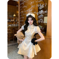 批发衣只小鹿原创女装缎面蝴蝶结复古波点连衣裙法式收腰裙衬衫<b class='q'>两件套</b>