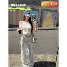 批发Tongiiuu 私服日常 斜领露肩短袖T恤女宽松直筒休闲阔腿裤套装夏