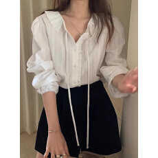 批发韩国chic早春<b class='q'>甜美</b>减龄单排扣飘带拼接木耳边宽松百搭泡泡袖衬衫女