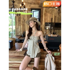 批发红人馆吊带背心女夏外穿辣妹穿搭露背短款条纹抹胸无袖挂脖上衣女