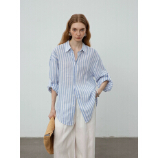 批发法式蓝色条纹亚麻防晒衬衫女春季老钱风休闲宽松慵懒衬衣外套上衣