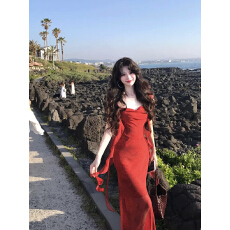 批发法式甜辣纯欲风荷叶边飘带<b class='q'>连衣裙</b>夏季新款气质收腰显瘦包臀长裙女