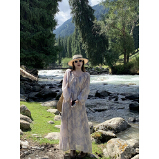 批发EVNSTYLE 春季新款中长款宽松长袖碎花<b class='q'>连衣裙</b>女