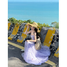 一罐杏仁桃紫苑蝶紫色立体蝴蝶吊带连衣裙网纱长裙温柔吊带裙