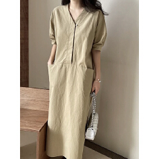 批发韩国chic复古休闲V领中长款纯色简约设计感宽松泡泡袖<b class='q'>开叉</b><b class='q'>连衣裙</b>