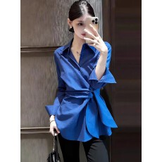 批发蓝色翻领绑带长袖<b class='q'>衬衫</b>女春季2026年新款显白减龄收腰上衣