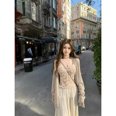 2026韩系新款时尚设计感宽松针织开衫吊带松紧腰压褶半身裙三件套