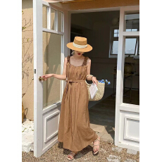 批发韩国chic极简风宽松显瘦可收腰简约气质吊带<b class='q'>连衣裙</b><b class='q'>纯色</b>法式配腰带