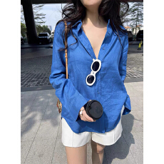 批发BOLUO 100亚麻蓝色<b class='q'>衬衫</b>防晒女2026夏季新款法式老钱风翻<b class='q'>衬衫</b>