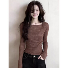 批发极简风时髦洋气休闲棕色长袖针织衫女<b class='q'>通勤</b>百搭修身显瘦打底衫上衣