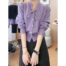 批发简约百搭纯色上衣毛衣蝴蝶结领口设计感长袖外套针织开衫舒适洋气