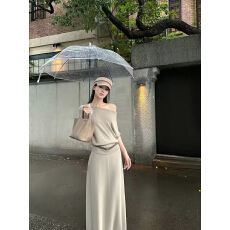 批发5werkwen 气质lady 露肩针织短袖半身裙套组气质时尚高级感两件套