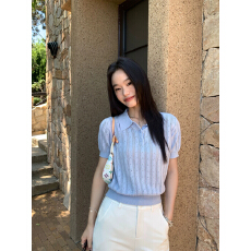 批发pusumede巴黎假日 复古polo领镂空针织短袖T恤<b class='q'>女</b>修身百搭正肩上衣