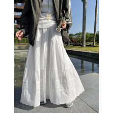 批发韩系简约百搭复古白色蕾丝刺绣高腰<b class='q'>半身裙</b>春夏a字半裙中长款伞裙