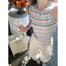 批发韩系简约复古撞色条纹针织背心女2026夏新款修身显瘦<b class='q'>百搭</b>无袖上衣