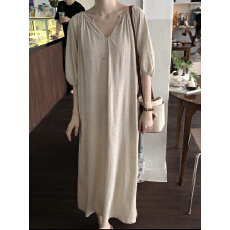 批发韩国chic 极简慵懒 <b class='q'>宽松</b>显瘦五分袖 升级度假风V领过膝连衣裙