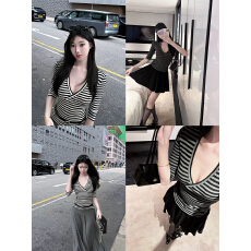 批发Laareetoo  条纹<b class='q'>七分袖</b><b class='q'>T</b><b class='q'>恤</b>女夏季气质百搭V领设计感上衣修身显瘦