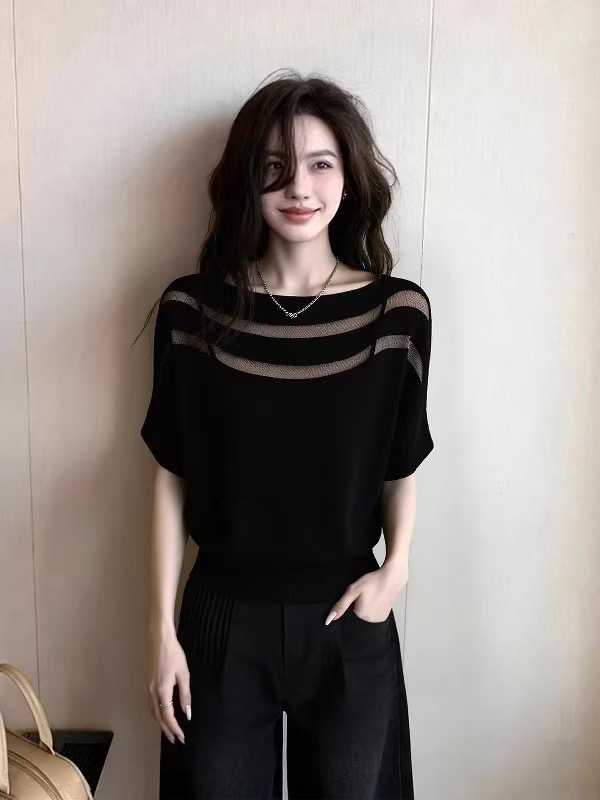 FA57013#  法式设计感网纱拼接短袖针织衫女夏大码胖MM透薄宽松减龄上衣
