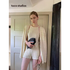 批发休闲套装慵懒百搭长袖开衫<b class='q'>外套</b>挂脖无袖上衣女秋季镂空短裤三件套