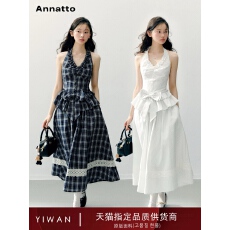 批发ANNATTO 仲夏夜 原创蝴蝶结挂脖荷叶边上衣<b class='q'>蕾丝</b>裙摆蓬感半裙<b class='q'>套装</b>