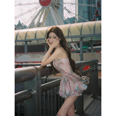 批发你的懒懒llan白兰地花神复古碎花心形抹胸<b class='q'>连衣</b>裙+短裤套<b class='q'>装</b>女