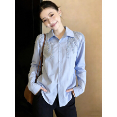批发蓝色衬衫女长袖<b class='q'>春</b>季2026新款重工高级感轻奢洋气减龄翻领内搭衬