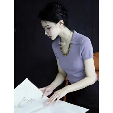 批发优雅风紫色翻领镶钻短袖针织衫女2026夏季修身显身材内搭套头上衣