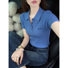 蓝色polo衫翻领miu系针织冰丝修身短袖T恤女夏季2026韩系简约上衣