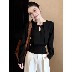 批发黑色<b class='q'>不规则</b>长袖衬衫女春装2026春季新款小众不撞款高级感气质上衣