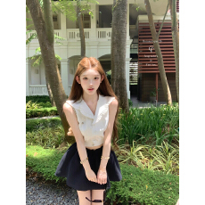 批发迟伞伞26/ss 若色水仙 sst花瓣翻领无袖<b class='q'>衬衫</b>上衣藏青蓬蓬裙套装