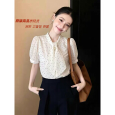 批发法式温柔风<b class='q'>白色</b>波点短袖<b class='q'>衬衫</b>2026夏季新款设计蝴蝶结飘带气质上衣