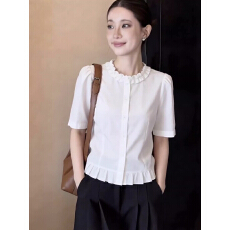 批发韩系简约木耳边领短袖T恤女2026夏季新款气质通勤<b class='q'>白色</b>上衣极简风