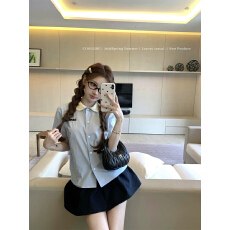 批发COOLLINE林子熙 钟爱娃娃领 26miu蓝色短袖衬衫/两色半身<b class='q'>裙套装</b>