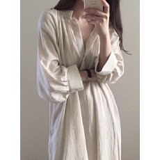 批发韩国chic宽松慵懒风小众棉麻衬衣裙女中长款V领过膝白色连衣裙