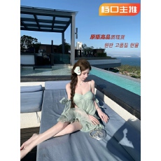 批发kubiliv恋夏薄荷法式少女蝴蝶结薄荷绿吊带短裙<b class='q'>荷叶边</b><b class='q'>连衣裙</b>