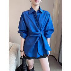 批发PINKEEN蓝色翻领绑带长袖衬衫女春季2026年新款显白减龄收腰上衣